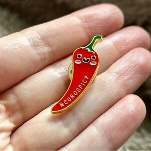 Funny “Neurospicy” Chili Pepper Pin Brooch, Red, Gold